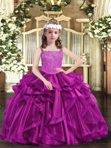 Attractive Fuchsia Organza Lace Up Pageant Dress Wholesale Sleeveless Floor Length Beading and Ruffles