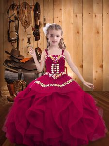 Fuchsia Organza Lace Up Little Girls Pageant Dress Sleeveless Floor Length Embroidery and Ruffles