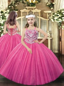 Best Sleeveless Tulle Floor Length Lace Up Pageant Dress for Womens in Hot Pink with Beading