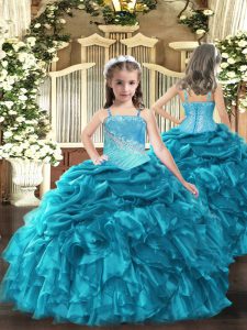 Low Price Teal Ball Gowns Organza Straps Sleeveless Embroidery and Ruffles Floor Length Lace Up Pageant Dress Wholesale