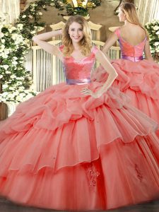 Sophisticated Sleeveless Organza Floor Length Zipper Ball Gown Prom Dress in Watermelon Red with Ruffled Layers