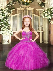 Fuchsia Spaghetti Straps Neckline Beading and Ruffles Pageant Gowns For Girls Sleeveless Lace Up