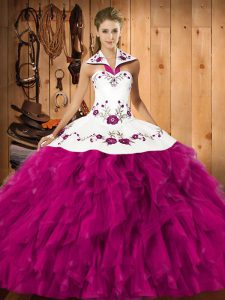 New Arrival Fuchsia Halter Top Lace Up Embroidery and Ruffles Sweet 16 Quinceanera Dress Sleeveless
