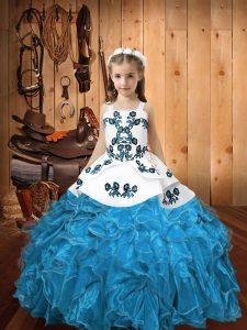 Floor Length Lace Up Little Girls Pageant Dress Wholesale Blue for Sweet 16 and Quinceanera with Embroidery and Ruffles