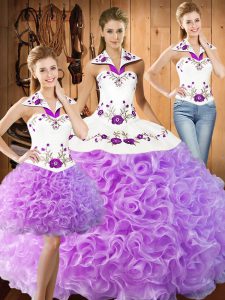 Lilac Three Pieces Embroidery Quince Ball Gowns Lace Up Fabric With Rolling Flowers Sleeveless Floor Length