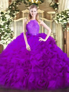 Eggplant Purple Zipper Quince Ball Gowns Lace Sleeveless Floor Length
