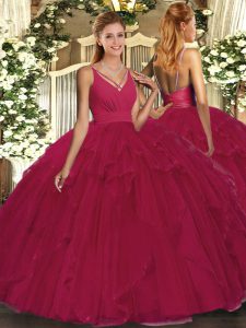 Fancy Fuchsia Ball Gowns V-neck Sleeveless Tulle Floor Length Backless Beading and Ruffles Quinceanera Gowns
