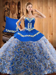 Popular Multi-color Lace Up Sweetheart Embroidery Sweet 16 Quinceanera Dress Satin and Fabric With Rolling Flowers Sleeveless Sweep Train