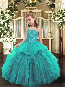 Glorious Teal Sleeveless Organza Lace Up Little Girls Pageant Dress Wholesale for Party and Sweet 16 and Quinceanera and Wedding Party