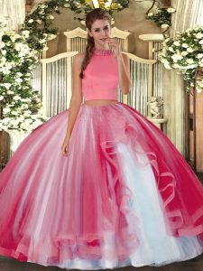 High Class Coral Red Sleeveless Beading and Ruffles Floor Length Military Ball Gowns