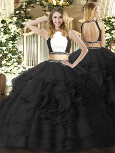 Black Zipper Quinceanera Gown Ruffled Layers Sleeveless Floor Length