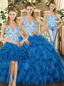 Fantastic Blue Organza Lace Up Straps Sleeveless Floor Length 15 Quinceanera Dress Beading and Ruffles