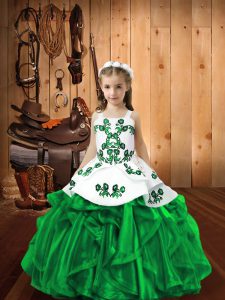 Dark Green Straps Lace Up Embroidery and Ruffles Pageant Dress Toddler Sleeveless