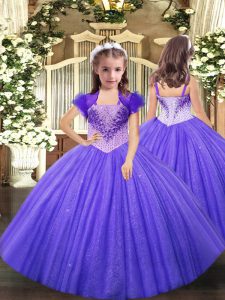 Lavender Tulle Lace Up Straps Sleeveless Floor Length Pageant Dresses Beading