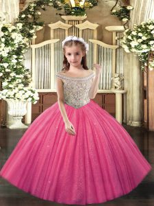 Hot Pink Sleeveless Tulle Lace Up Pageant Gowns for Sweet 16 and Quinceanera