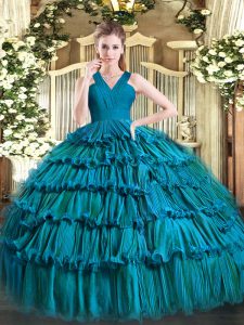 Floor Length Zipper Quinceanera Dresses Teal for Military Ball and Sweet 16 and Quinceanera with Ruffled Layers
