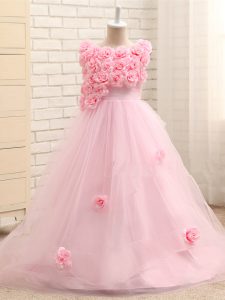 Tulle Scoop Sleeveless Brush Train Zipper Hand Made Flower Girls Pageant Dresses in Baby Pink