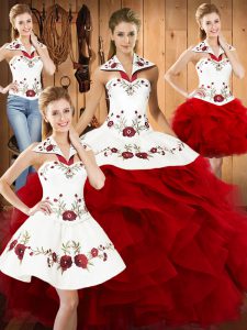 Wine Red Sleeveless Embroidery and Ruffles Floor Length Quinceanera Dress