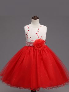 Perfect Red Little Girl Pageant Gowns Wedding Party with Appliques and Hand Made Flower Scoop Sleeveless Zipper