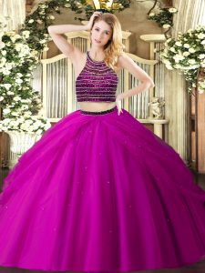 Floor Length Zipper Ball Gown Prom Dress Fuchsia for Military Ball and Sweet 16 and Quinceanera with Beading and Ruching