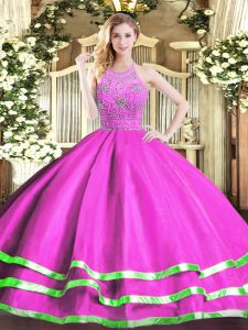 Fashionable Floor Length Zipper Ball Gown Prom Dress Fuchsia for Military Ball and Sweet 16 and Quinceanera with Beading