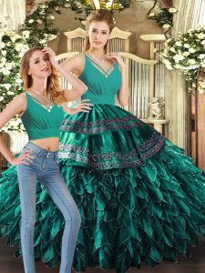 Turquoise Sleeveless Appliques and Ruffles Floor Length Sweet 16 Dresses