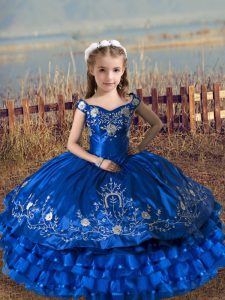 Royal Blue Off The Shoulder Neckline Embroidery and Ruffled Layers Little Girls Pageant Dress Sleeveless Lace Up