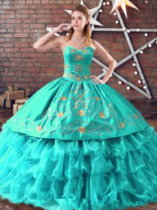 Aqua Blue Military Ball Dresses For Women Sweet 16 and Quinceanera with Embroidery and Ruffled Layers Sweetheart Sleeveless Lace Up