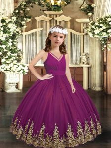 Fashionable Purple Little Girls Pageant Dress Party and Sweet 16 and Wedding Party with Embroidery V-neck Sleeveless Zipper