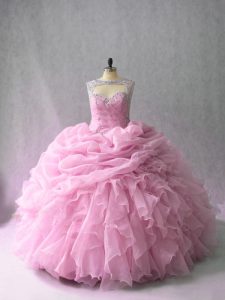 Pink Scoop Neckline Beading and Ruffles 15th Birthday Dress Sleeveless Lace Up