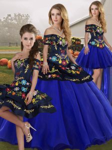 Simple Royal Blue Off The Shoulder Lace Up Embroidery Ball Gown Prom Dress Sleeveless