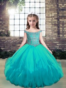 Floor Length Lace Up Little Girl Pageant Dress Aqua Blue for Party and Wedding Party with Beading