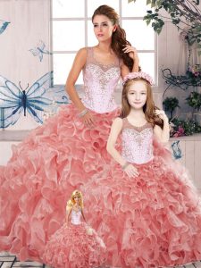 Watermelon Red Vestidos de Quinceanera Military Ball and Sweet 16 and Quinceanera with Beading and Ruffles Scoop Sleeveless Clasp Handle