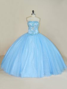 Captivating Blue Ball Gowns Tulle Strapless Sleeveless Beading Floor Length Lace Up Quinceanera Dress