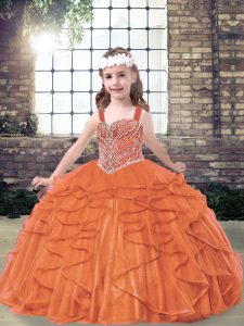Orange Red Sleeveless Floor Length Beading and Ruffles Lace Up Little Girls Pageant Dress Wholesale