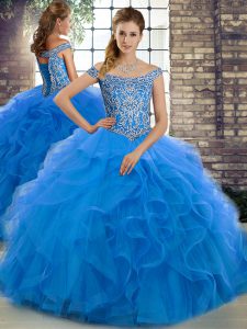 Sophisticated Blue Ball Gown Prom Dress Military Ball and Sweet 16 and Quinceanera with Beading and Ruffles Off The Shoulder Sleeveless Brush Train Lace Up