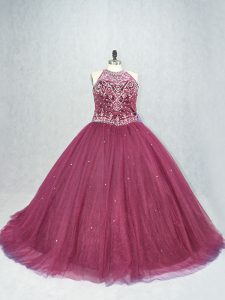 Traditional Lace Up Sweet 16 Dress Burgundy for Sweet 16 and Quinceanera with Beading Brush Train