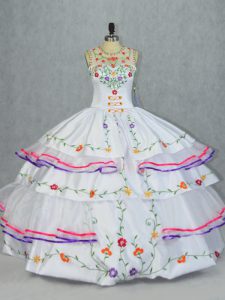 Enchanting White Lace Up Quinceanera Dresses Embroidery and Ruffled Layers Sleeveless Floor Length