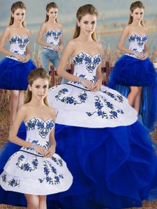Royal Blue Tulle Lace Up Ball Gown Prom Dress Sleeveless Floor Length Embroidery and Ruffles and Bowknot