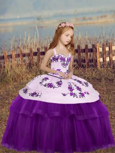 Floor Length Eggplant Purple Pageant Dresses Straps Sleeveless Lace Up