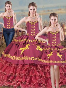 Popular Burgundy Organza Lace Up Sweetheart Sleeveless Floor Length Quinceanera Dress Brush Train Embroidery and Ruffles