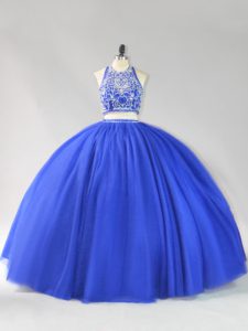 Elegant Royal Blue Backless Halter Top Beading Sweet 16 Dress Tulle Sleeveless