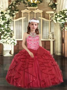 Halter Top Sleeveless Kids Pageant Dress Floor Length Beading and Ruffles Red Tulle