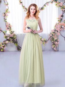 Classical Lace and Belt Dama Dress for Quinceanera Yellow Green Side Zipper Sleeveless Floor Length