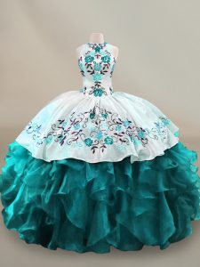 Luxurious Teal Halter Top Lace Up Embroidery and Ruffles Quinceanera Gowns Sleeveless