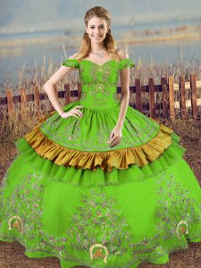 Ball Gowns Quinceanera Dress Green Off The Shoulder Satin Sleeveless Floor Length Lace Up