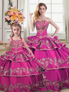 Fuchsia Ball Gowns Sweetheart Sleeveless Satin and Organza Floor Length Lace Up Ruffled Layers Quince Ball Gowns