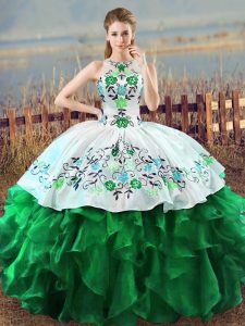 Green Halter Top Neckline Embroidery and Ruffles Sweet 16 Dresses Sleeveless Lace Up