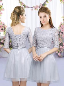 Flirting Grey Half Sleeves Tulle Lace Up Quinceanera Court Dresses for Wedding Party