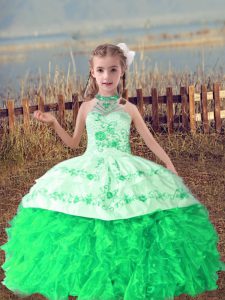 Super Green Lace Up Halter Top Beading and Embroidery and Ruffles Child Pageant Dress Organza Sleeveless